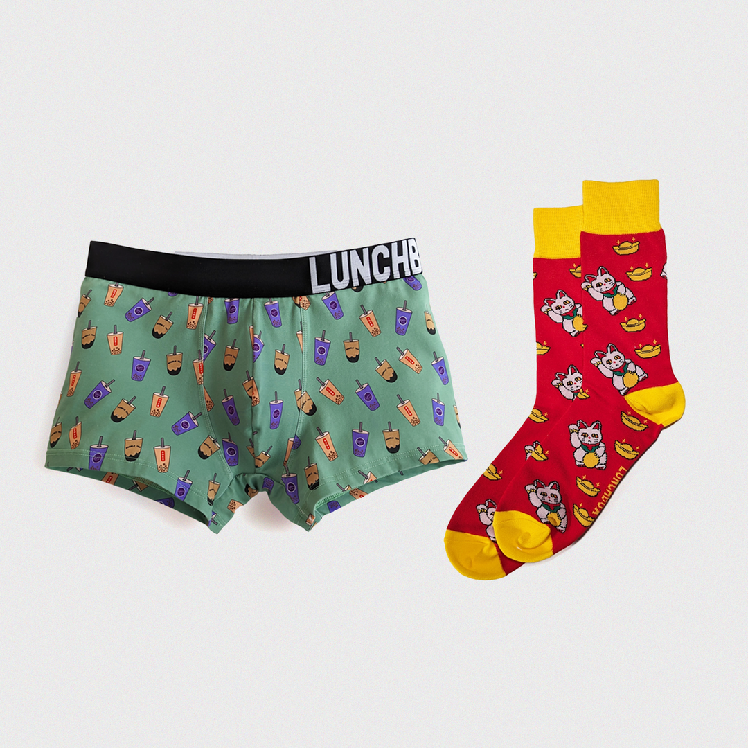 Boba Bubble Tea Boxer Briefs and 'Rich Maneki-neko' Lucky Cat Socks with playful patterns inspired by the Lucky Cat.
