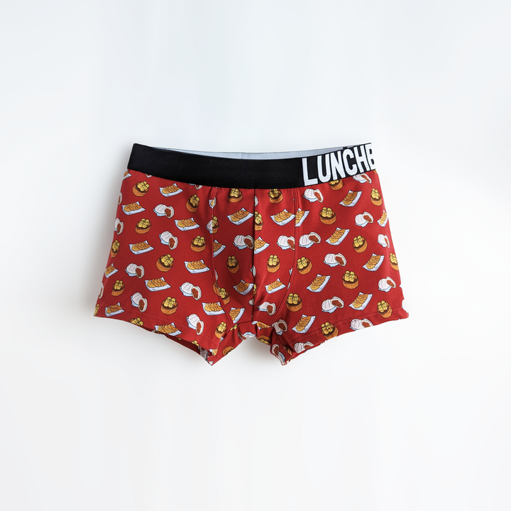 Afternoon Dim Sum Boxer Briefs with vibrant dim sum designs, featuring siumai, baos, and fried dumplings.