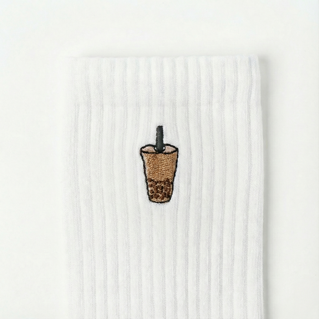 Embroidered Boba Bubble Tea Crew Socks