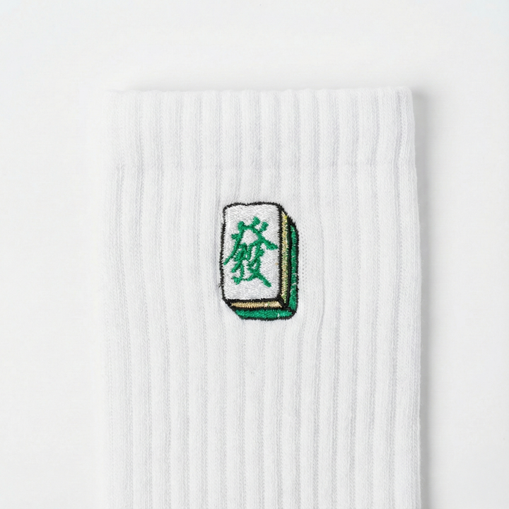 Embroidered Green Dragon Mahjong 發財 Crew Socks