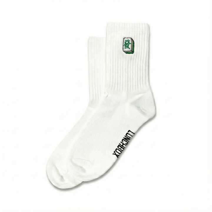 Embroidered Green Dragon Mahjong 發財 Crew Socks