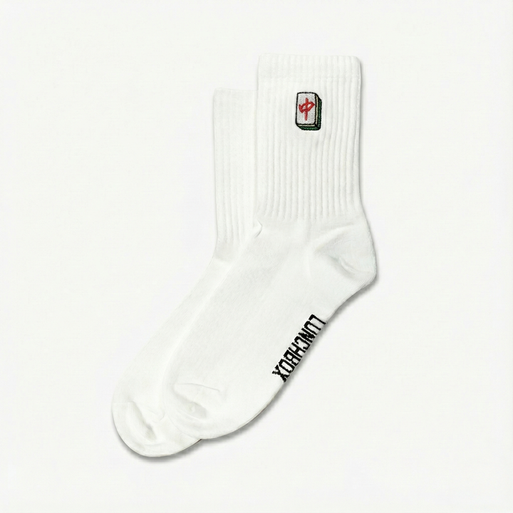 Embroidered Red Dragon Mahjong 紅中 Crew Socks