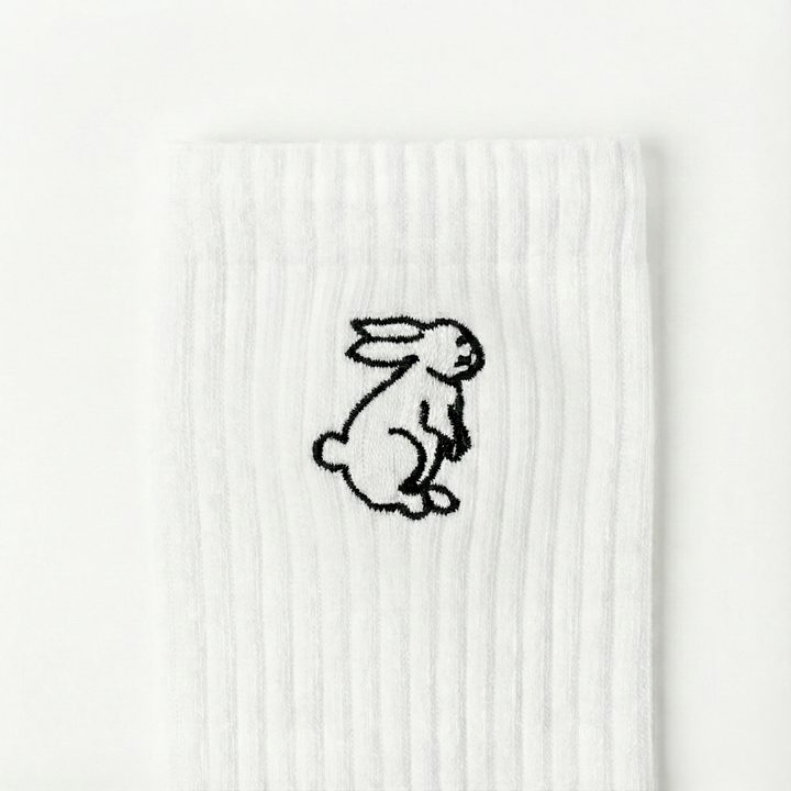 Embroidered White Rabbit Crew Socks