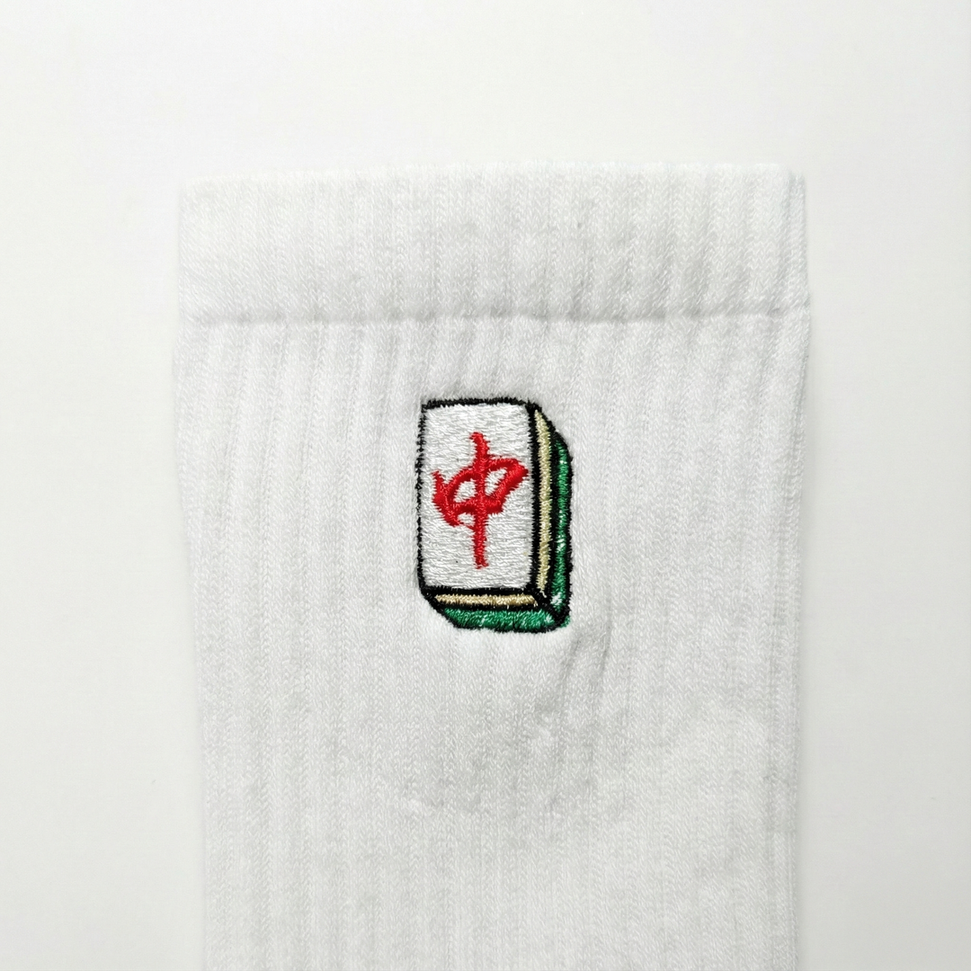 Embroidered Red Dragon Mahjong 紅中 Crew Socks