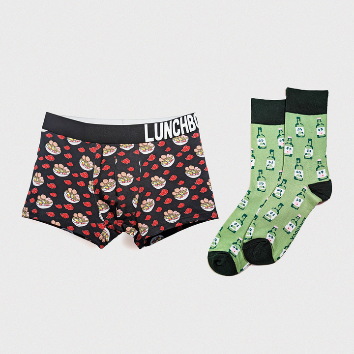 Ramen Ichiraku' ramen-themed boxer briefs and 'Soju All-Night' soju-themed socks.