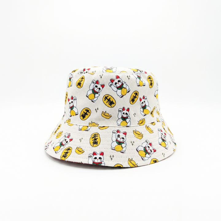 Lcuky Cat Reversible Bucket Hat (Beige)