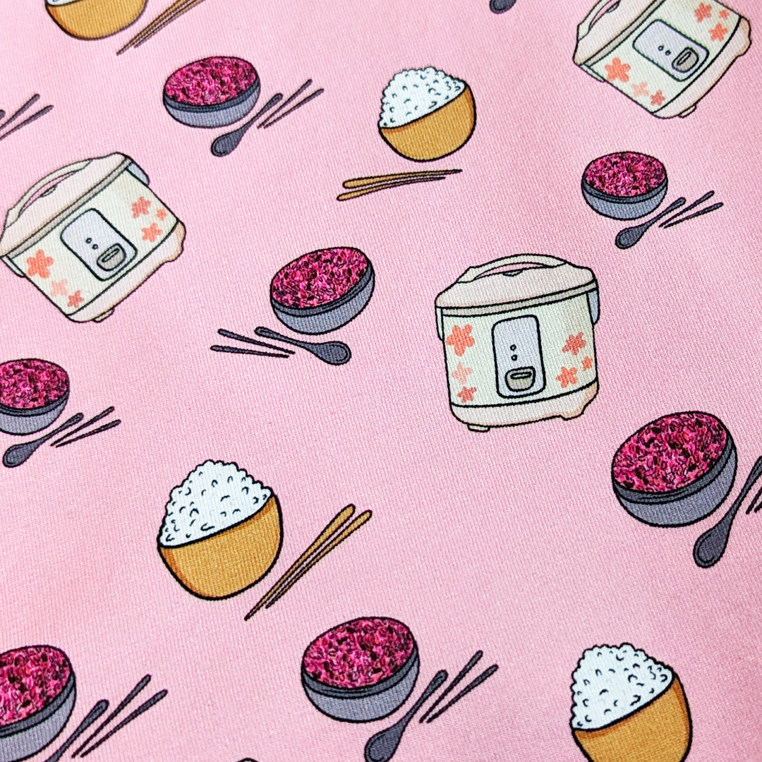 Close up of 'Rice, Rice, Rice' Rice Lover Boxer Briefs featuring a rice bowl and rice cooker design.