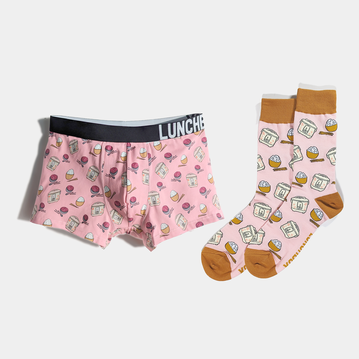 'Rice, Rice, Rice' Rice Lover Boxer Briefs and 'RiceRiceRice' Rice Lover Socks, both featuring a rice bowl and rice cooker design.