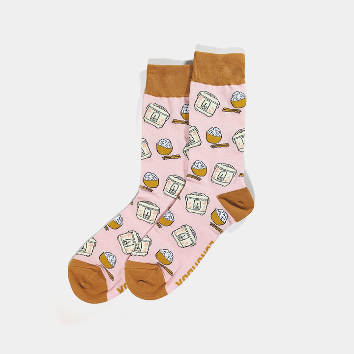 "RiceRiceRice" Rice Lover Socks featuring a rice bowl and rice cooker in the design.