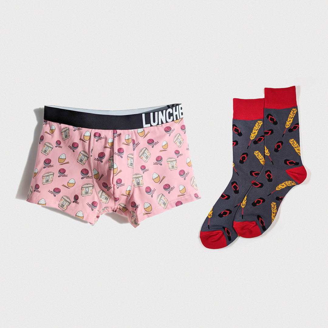 Rice-themed boxer briefs and humorous Asian Parenting Weapon socks